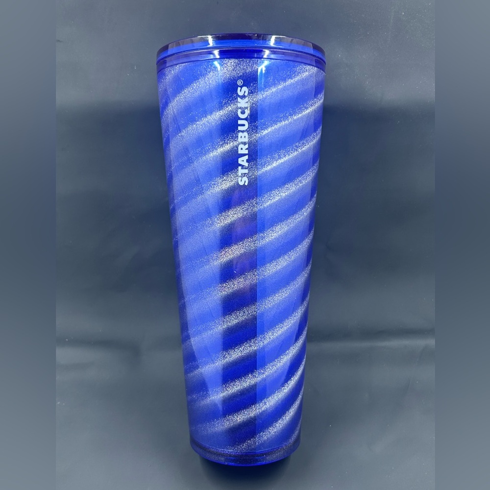 Starbucks Coffee Blue & Silver Spiral Glitter Travel Tumbler BPA Free Plastic